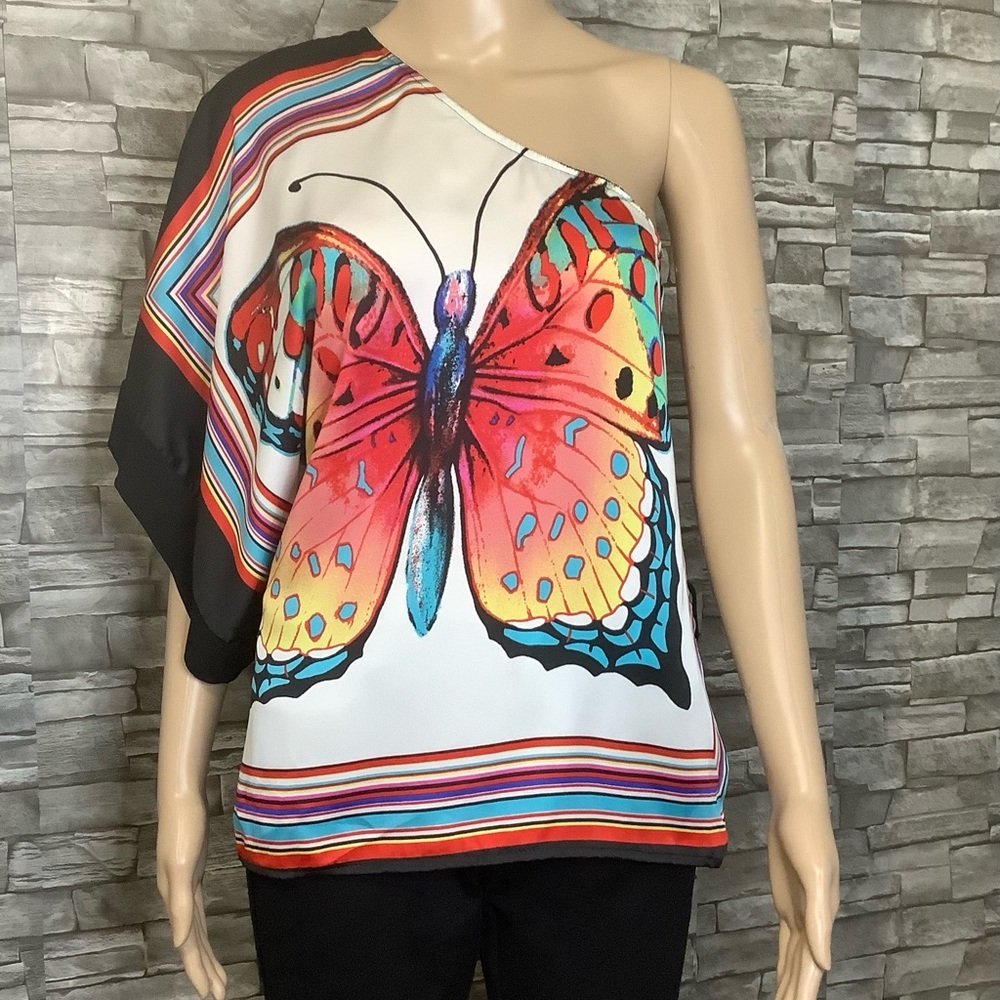 Trac Vintage one shoulder silk Butterfly print Top S (W533)